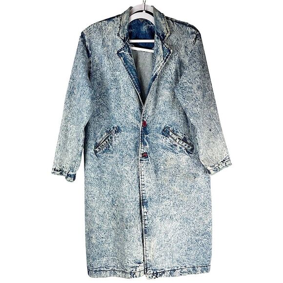 Vintage Mizz Lizz 80s Acid Wash distressed Denim trench coat womens Medium - Picture 1 of 7